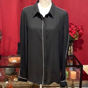 Tahari Black Hidden Button Front Blouse White Trim